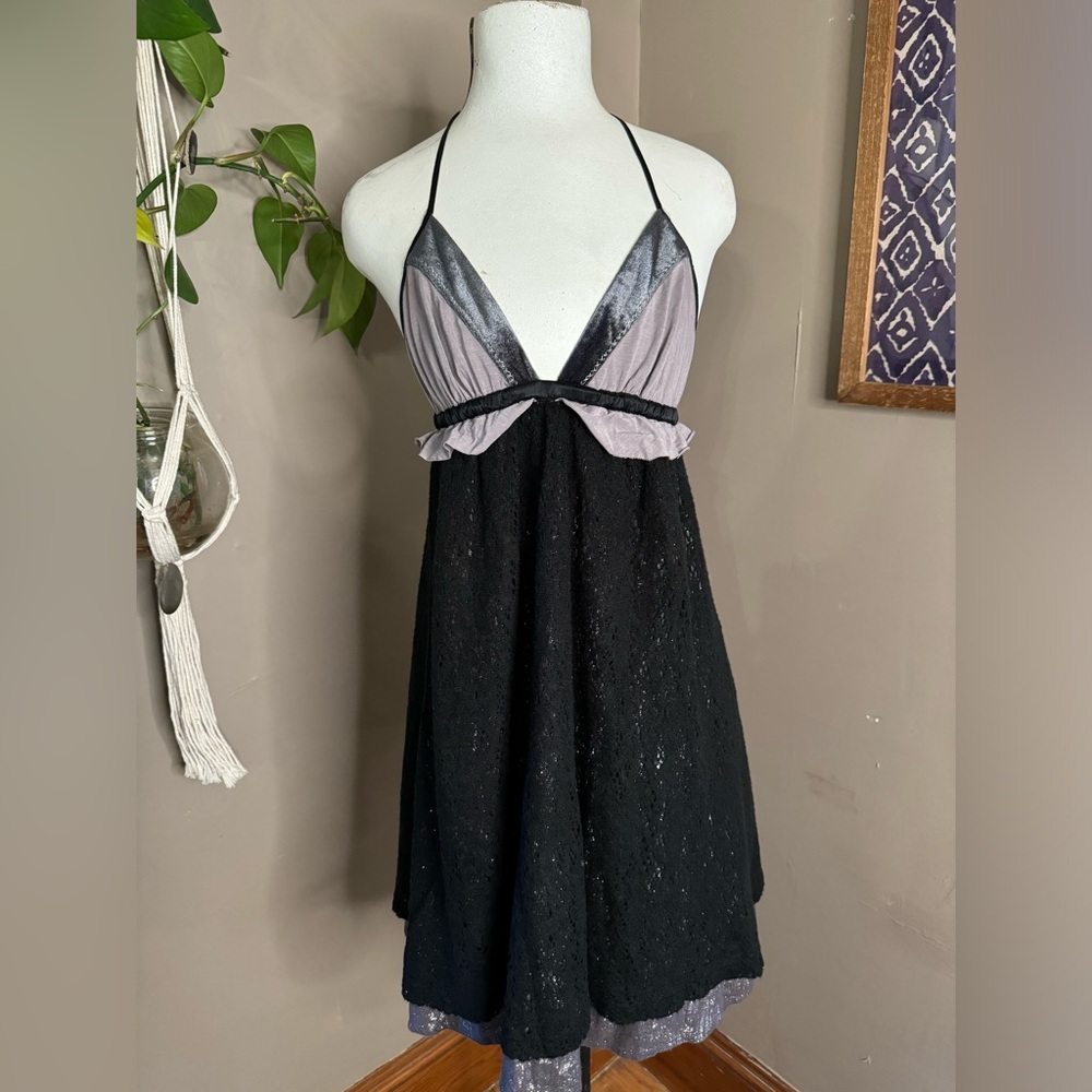 New* Bohemian Free People Black/Silver Crochet Babydoll Dress Sz S‎